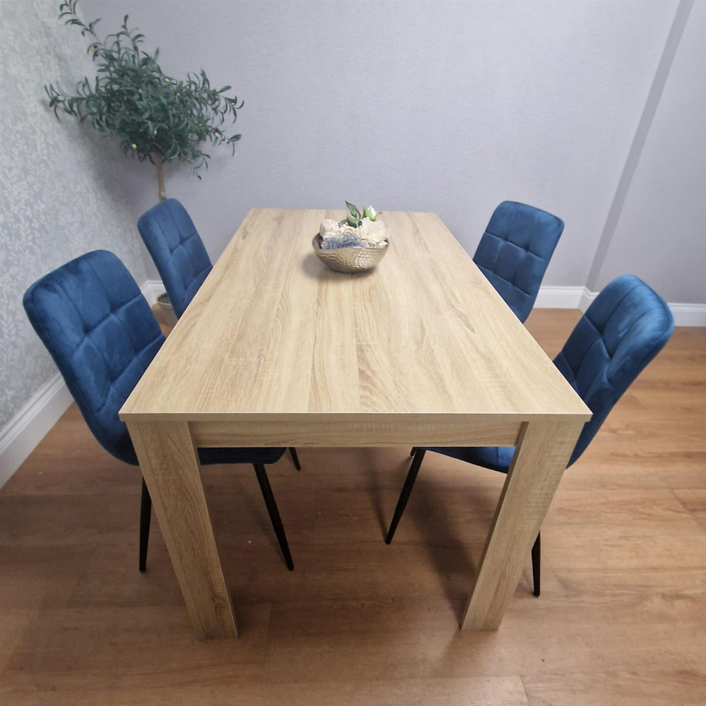 Portland Rocco 4 Seater Velvet Dining Set Oak Effect and Blue Image 3