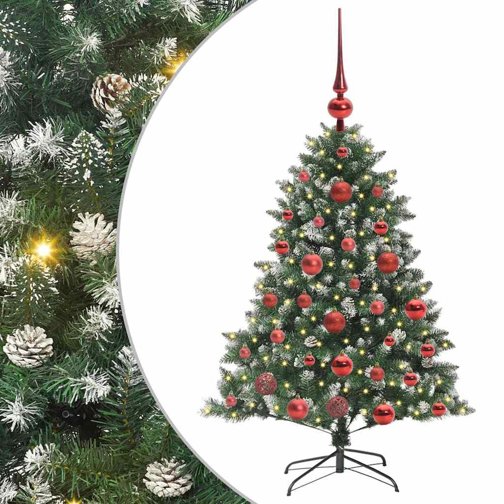 vidaXL Pre-Lit Red Bauble Pinecones Green Snow Flocked Artificial Christmas Tree 4ft Image 6