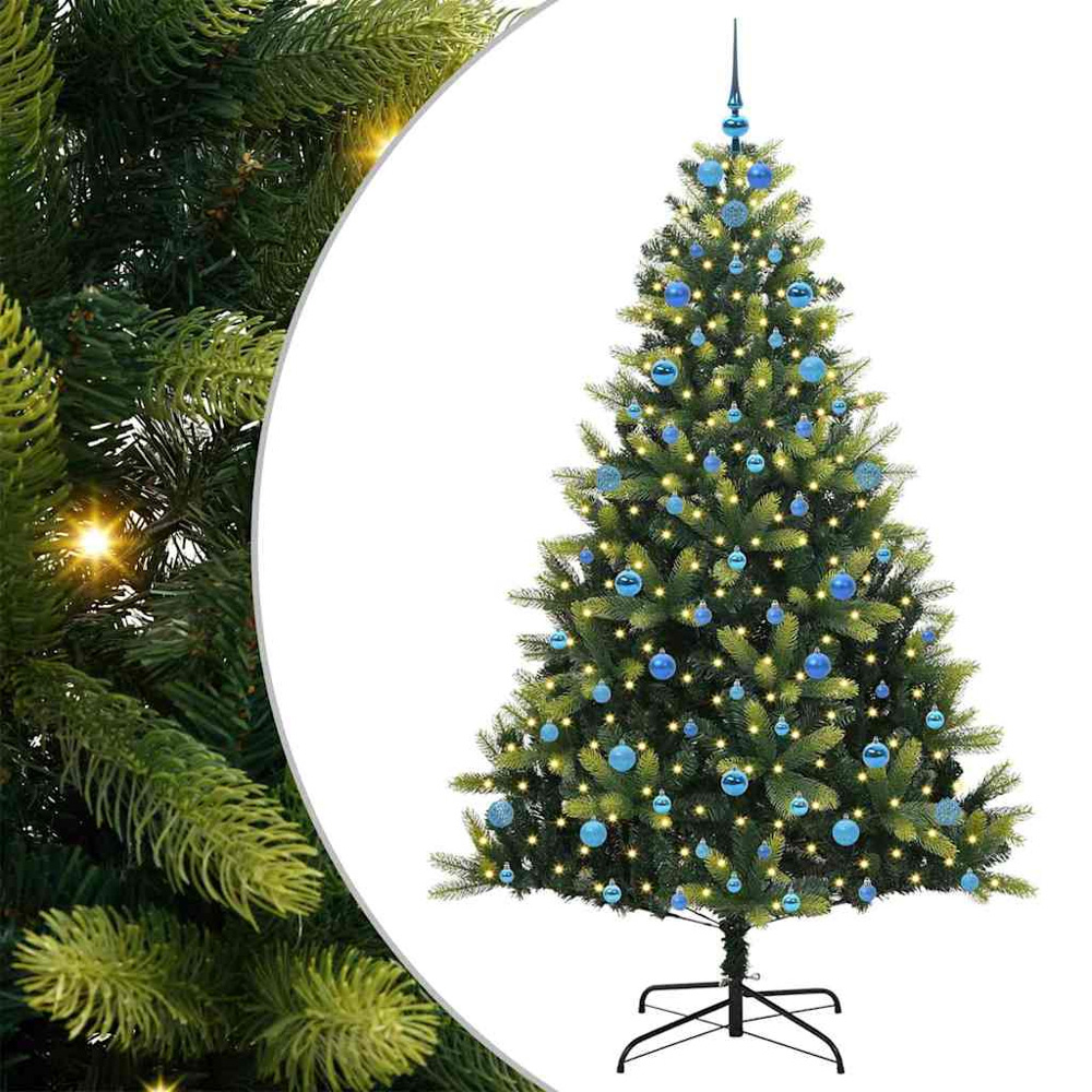 vidaXL Pre-Lit Blue Baubles Green Artificial Hinged Christmas Tree 7ft Image 2