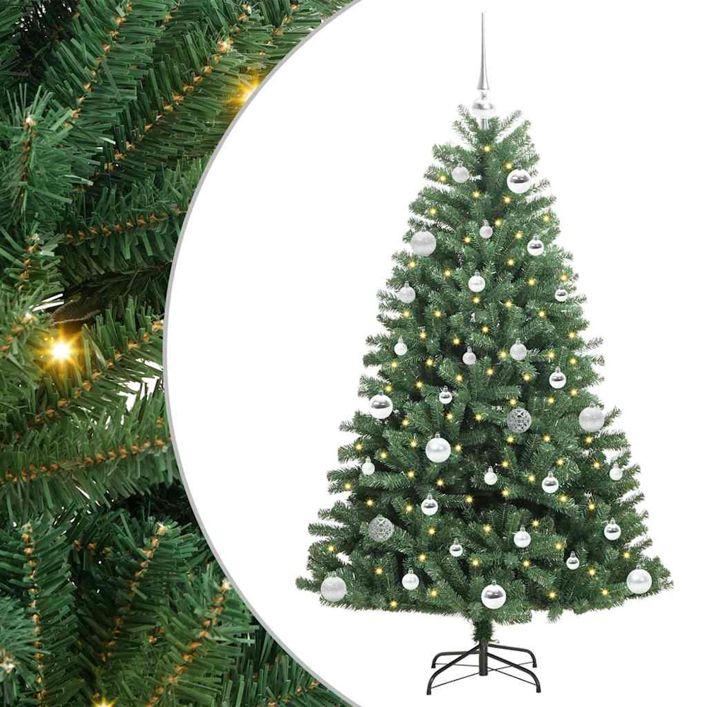 vidaXL Pre-Lit Silver Baubles Green Artificial Hinged Christmas Tree 5ft Image 2