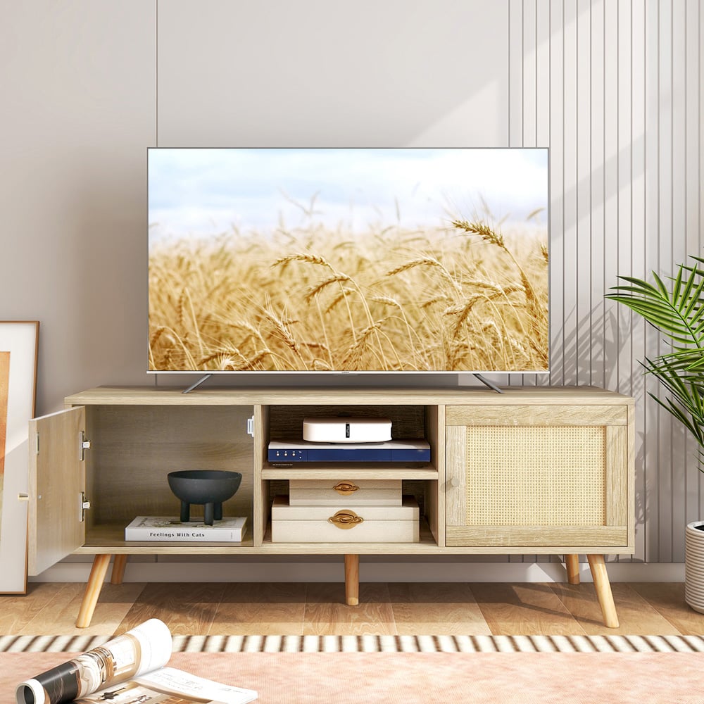 Costway 2 Door 2 Shelf Boho PE Rattan TV Stand Image 4