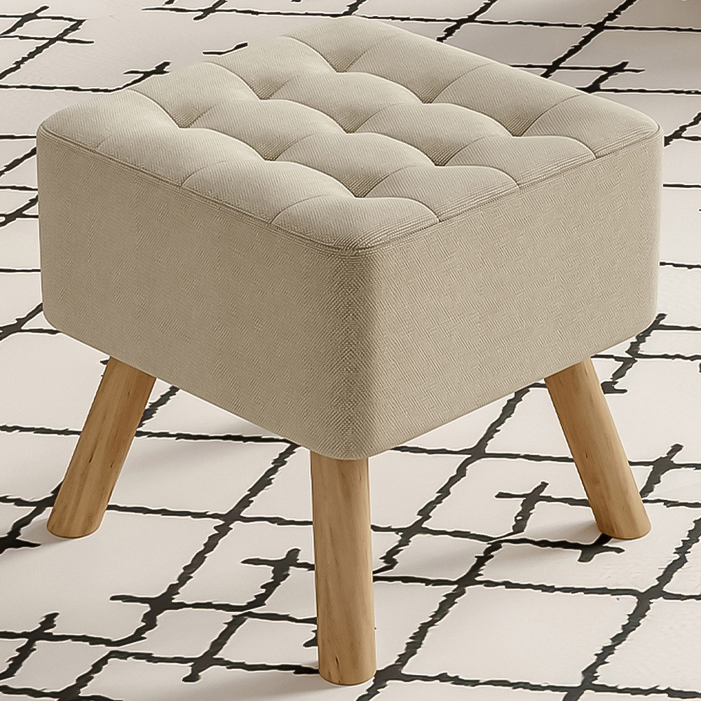 Living and Home Beige Linen Fabric Padded Wooden Leg Footstool Image 1