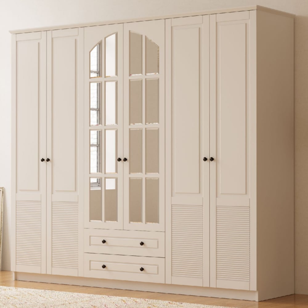 Evu Elise 6 Door 2 Drawer White Mirror Wardrobe Image 1
