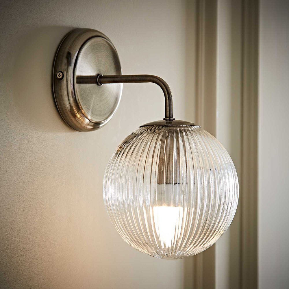 ValueLights Kempton Ribbed Globe Shade Brushed Chrome Wall Light with Bulb Image 6