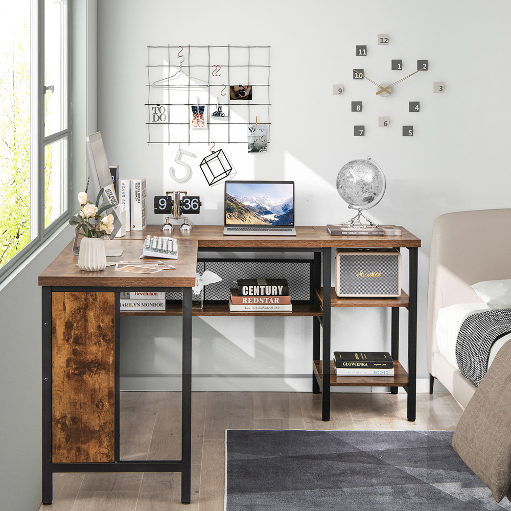 Costway L Shaped 3 Shelf Computer Desk Rustic Brown Image 5
