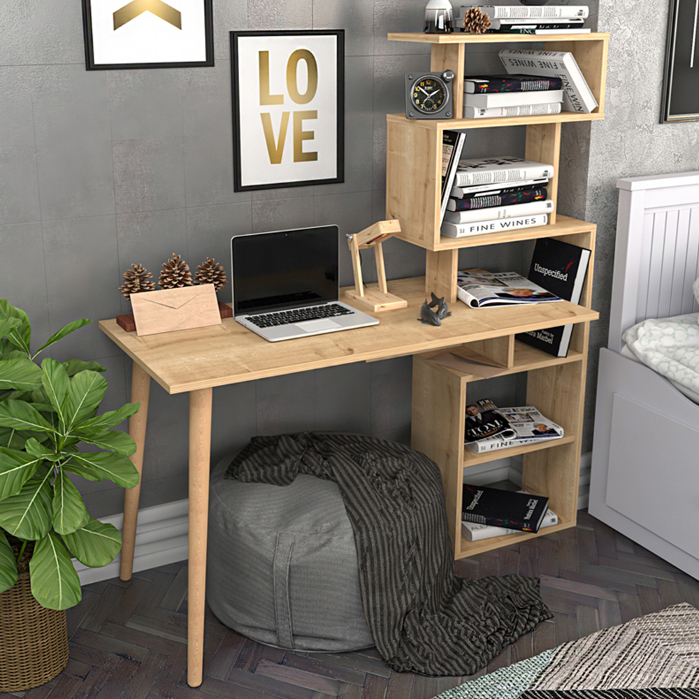 Decorotika Vina 7 Shelf Computer Desk with Bookcase Oak Image 1