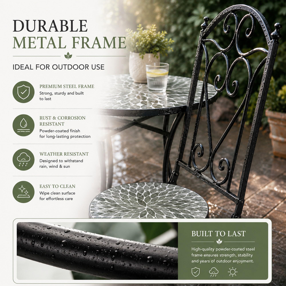 Shatchi Leaf 2 Seater Mosaic Ceramic Tile Top Foldable Bistro Set Image 4