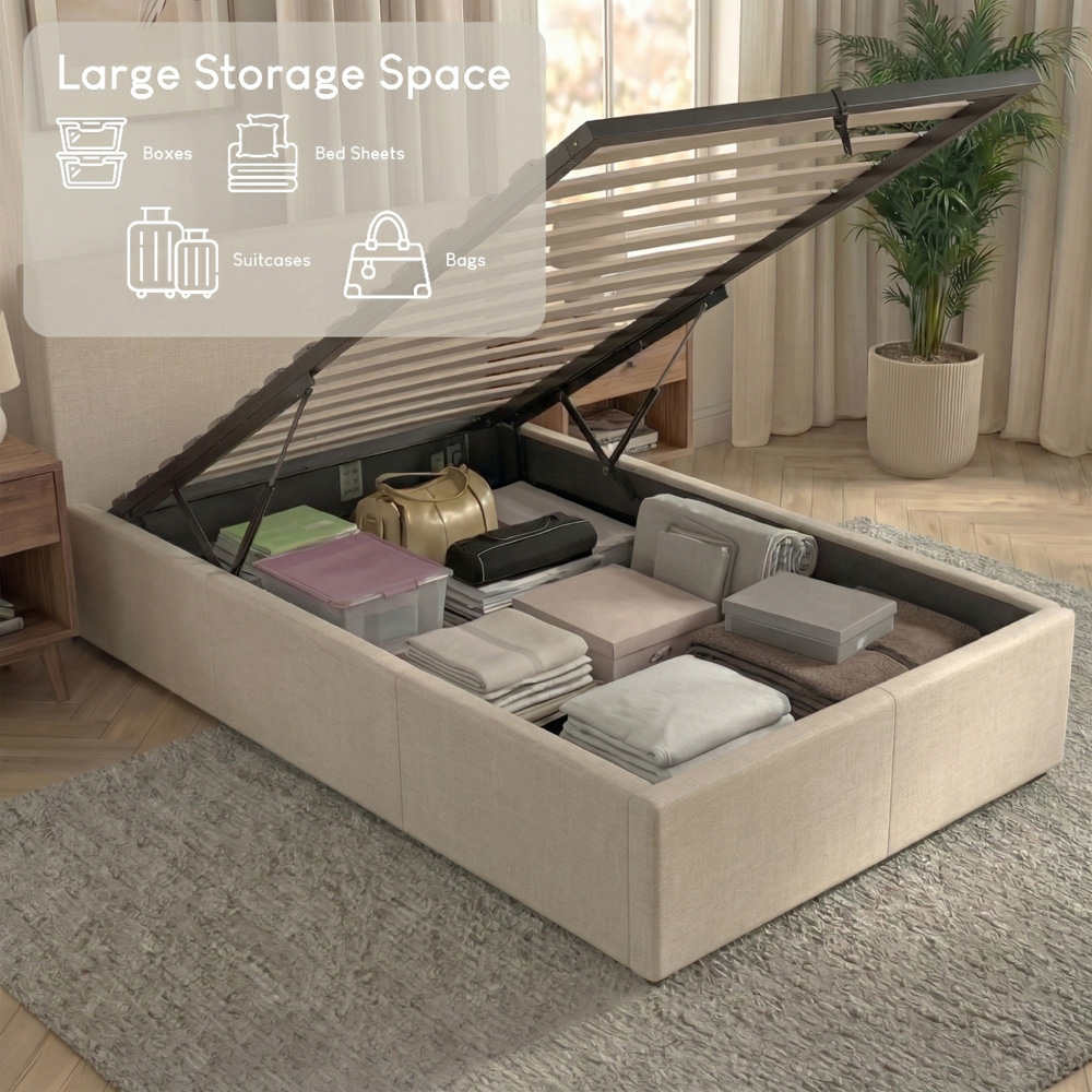 VIDA DESIGNS Veronica Single Beige Linen Ottoman Bed with Padded Headboard Image 5