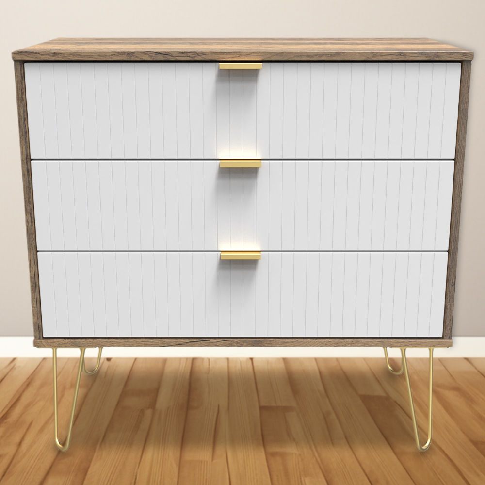 Crowndale 3 Drawer White Matt and Vintage Oak Wide Chest of Drawers Ready Assembled Image 1