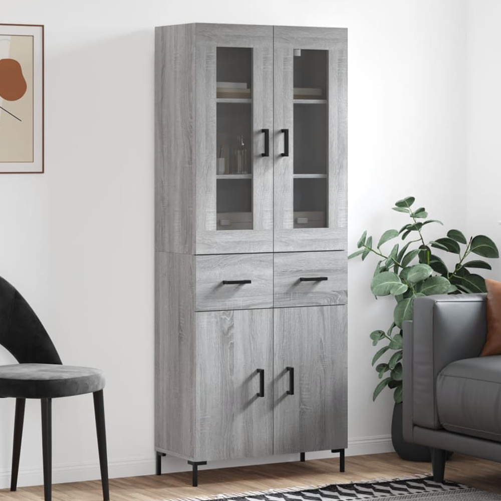 vidaXL 4 Glass and Wood Door 2 Drawer Grey Sonoma Highboard with Black Handle Image 1
