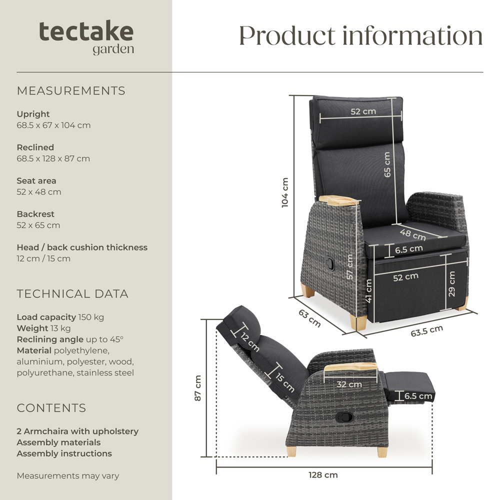 tectake Pescara Set of 2 Reclining and Adjustable Garden Chair Image 9