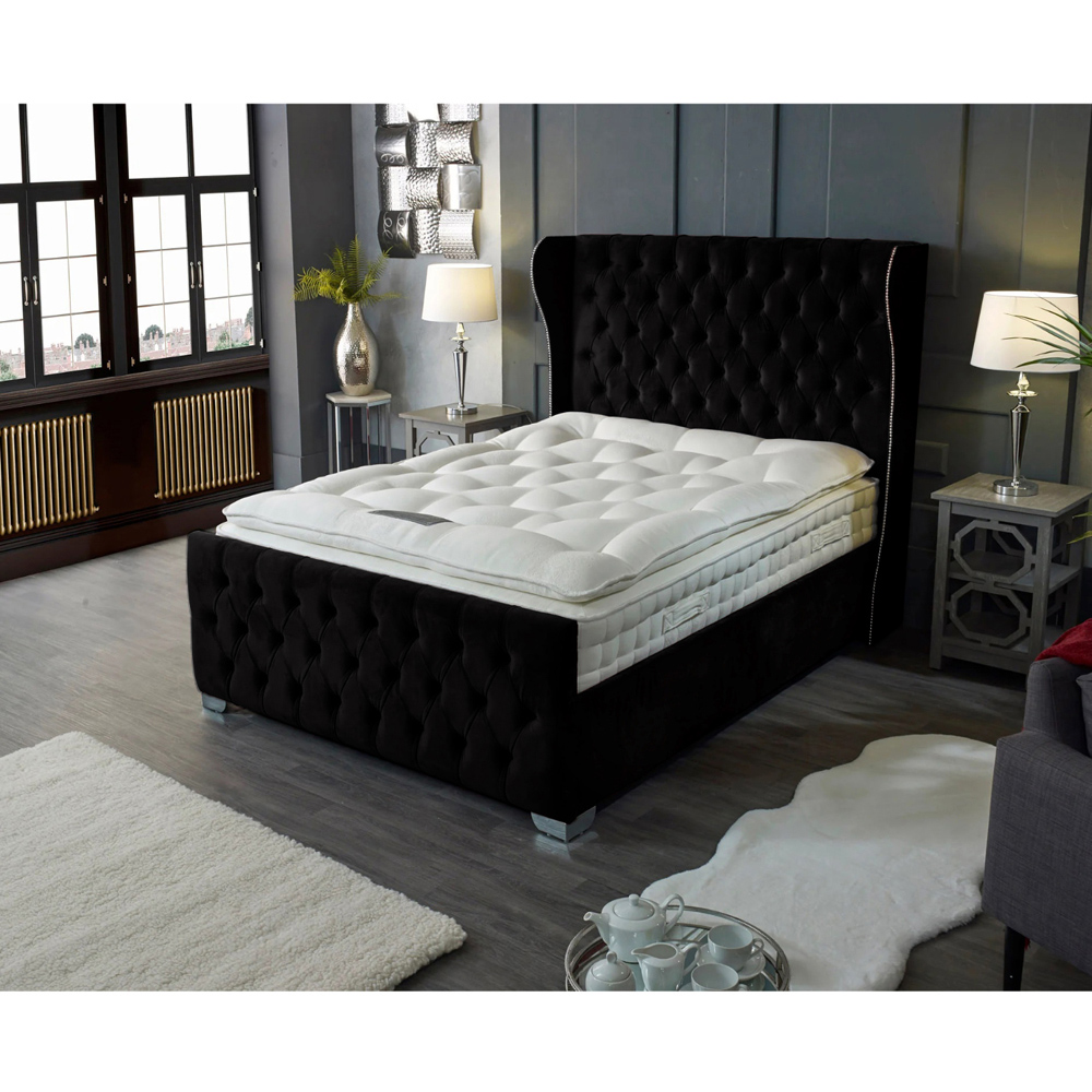 Eleganza Home Colleen Double Black Plush Velvet Bed Frame with Chesterfield Headboard Image 4