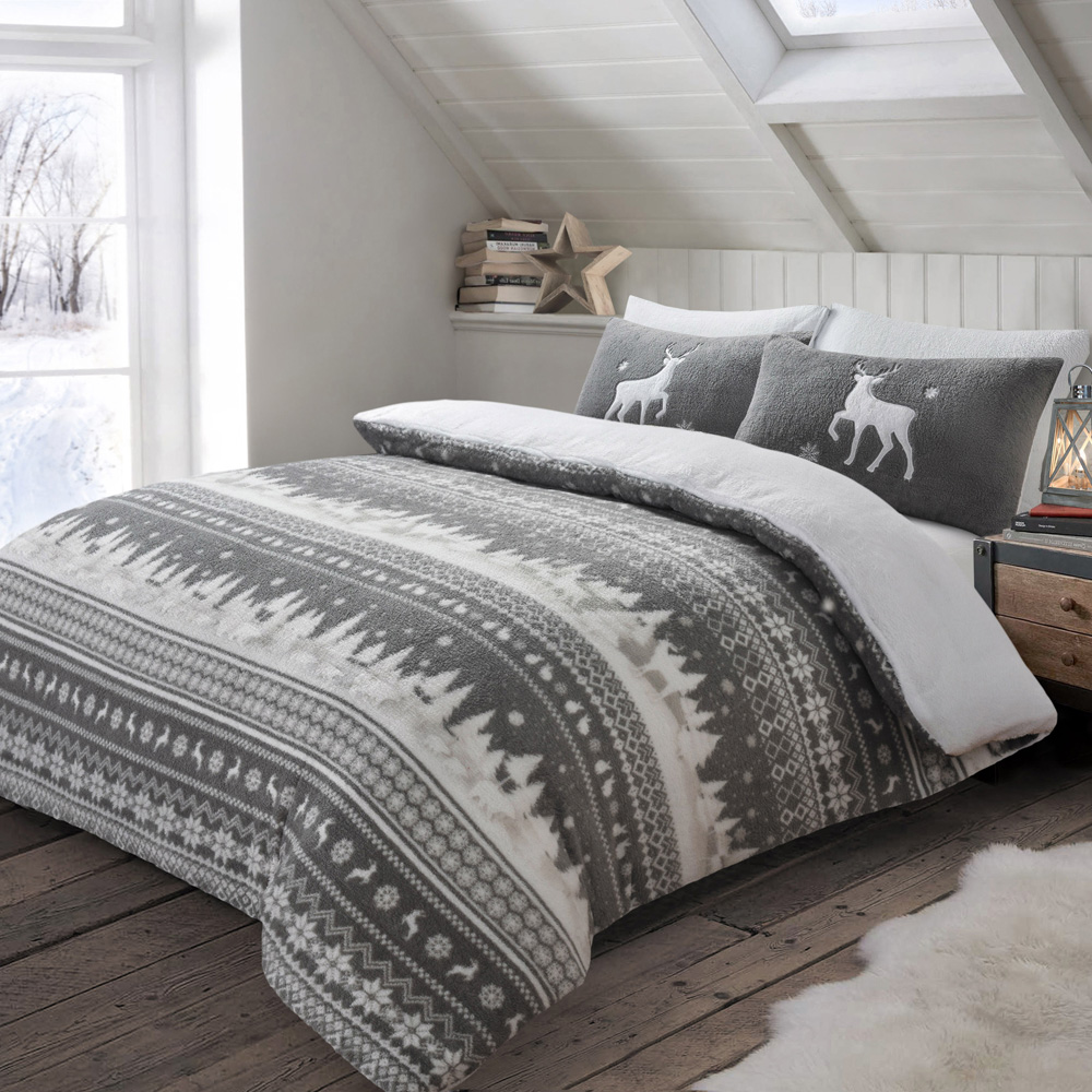 Velosso Double Grey Nordic Teddy Fleece Duvet Cover Set Image 1