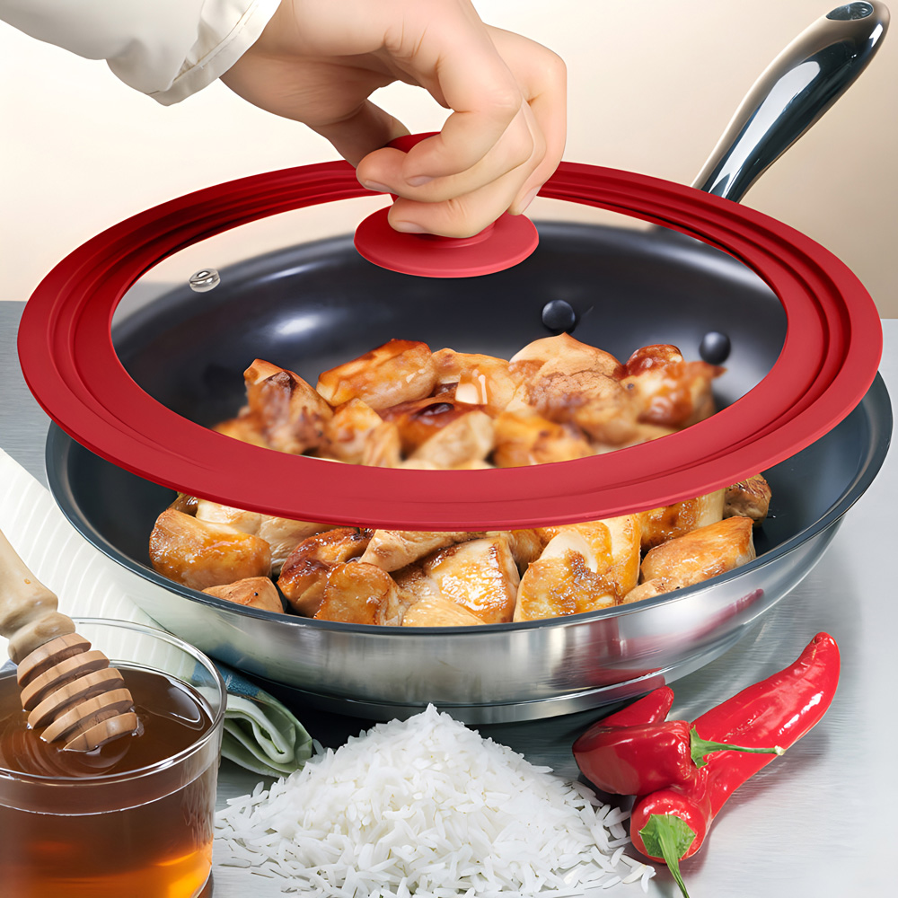 Avilo Adjustable Universal Glass Pan Lid with Red Silicone Rim Image 3