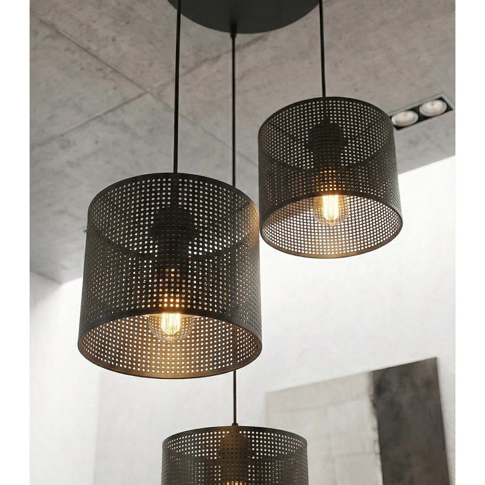 Emibig Lux Prem 3 Light Cylindrical Shade Black E27 Ceiling Pendant Light Image 5