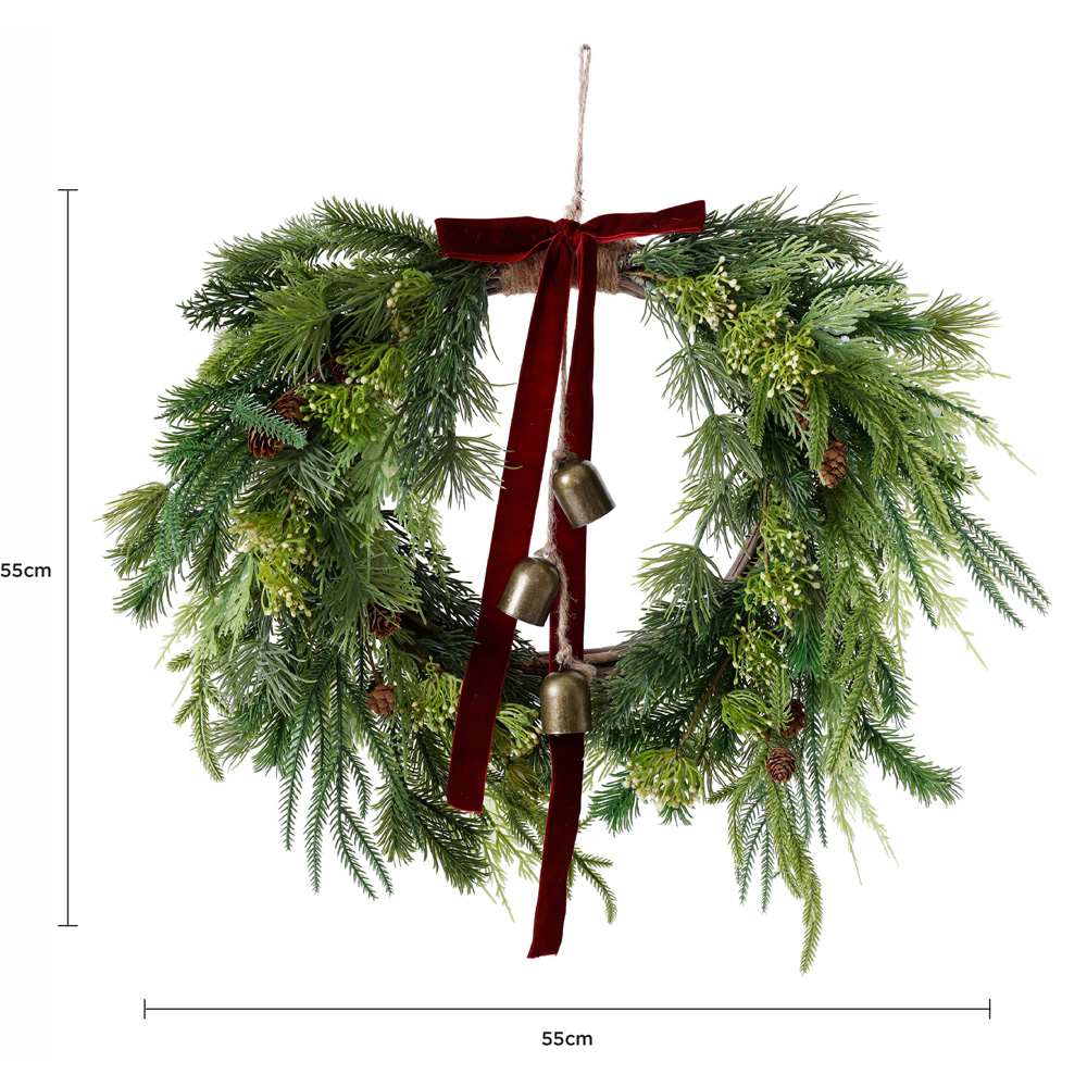Charles Bentley Green Christmas Wreath with Red Bow and Bells 55cm Image 9