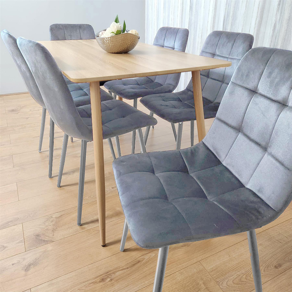Kosy Koala 6 Seater Velvet Wood Effect Rectangle Dining Set Grey Image 2