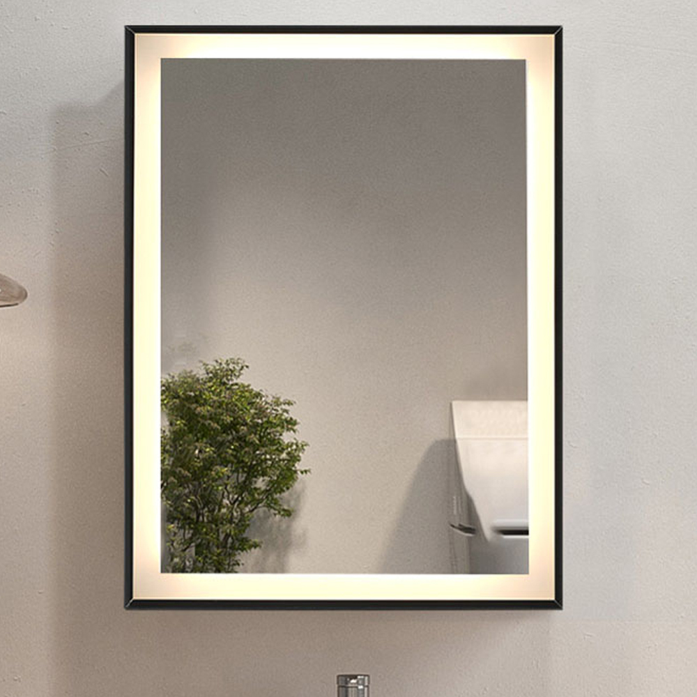 Living and Home White Black Framed LED Mirror Bathroom Cabinet Image 1