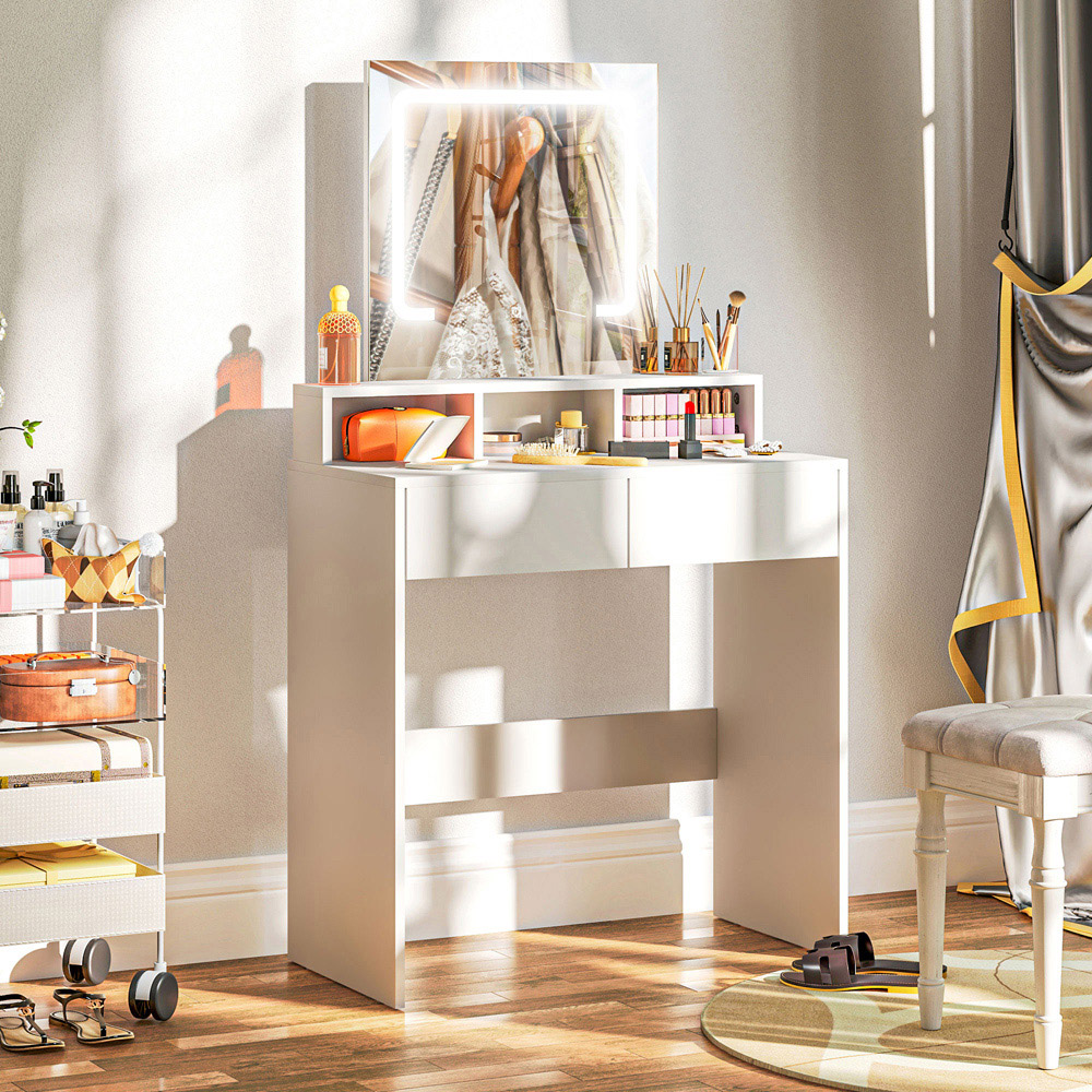 Portland 2 Drawer 2 Shelf White Dressing Table with LED Light Mirror Image 3
