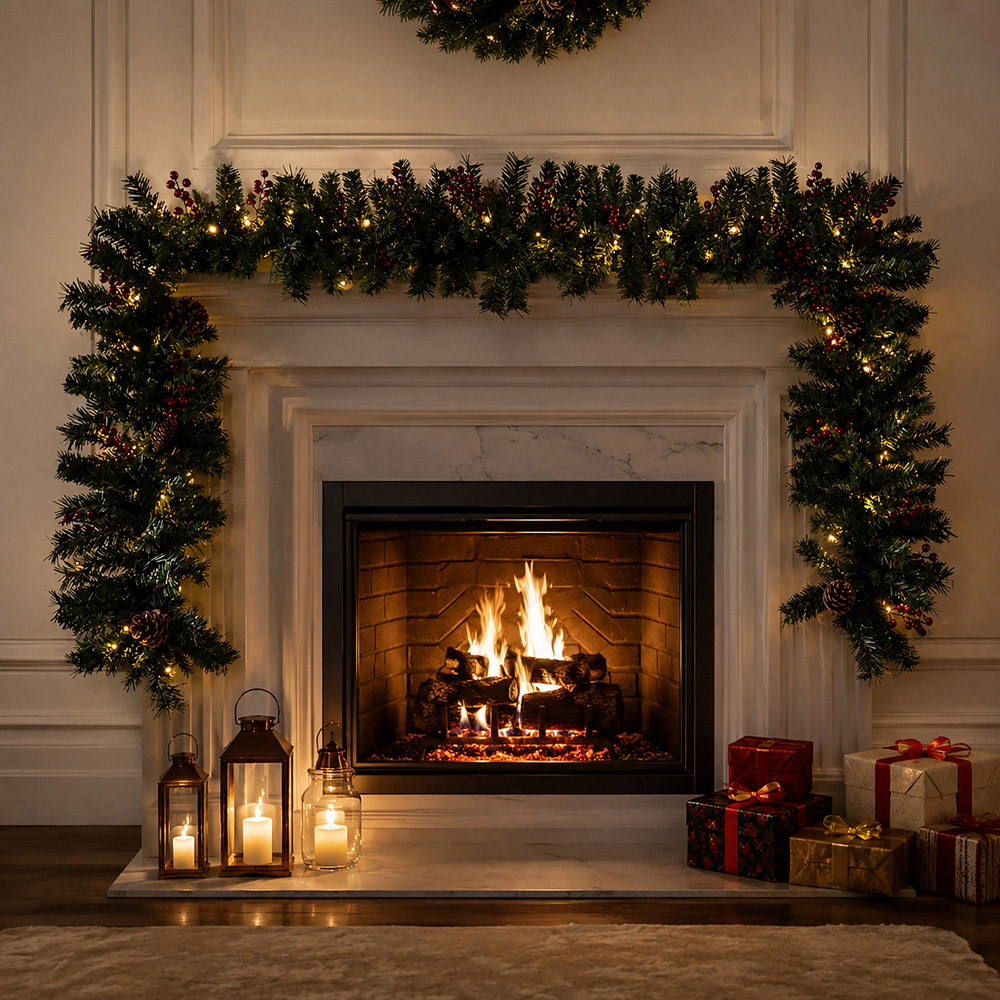 Abrihome 50 Warm White LED Artificial Christmas Garland with Tips Pinecones and Red Berries 270cm Image 2