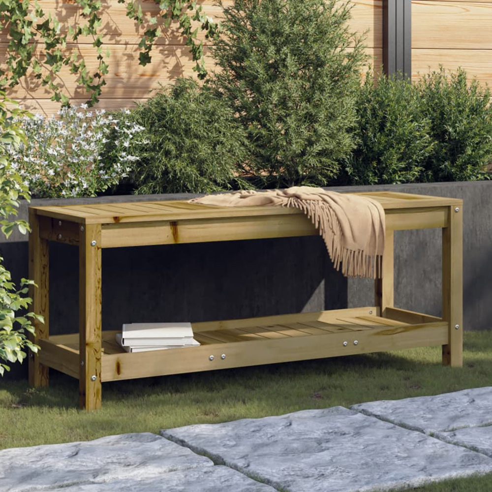 vidaXL Natural Impregnated Pine Wood Slatted Garden Bench with Shelf 108 x 35 x 45cm Image 1