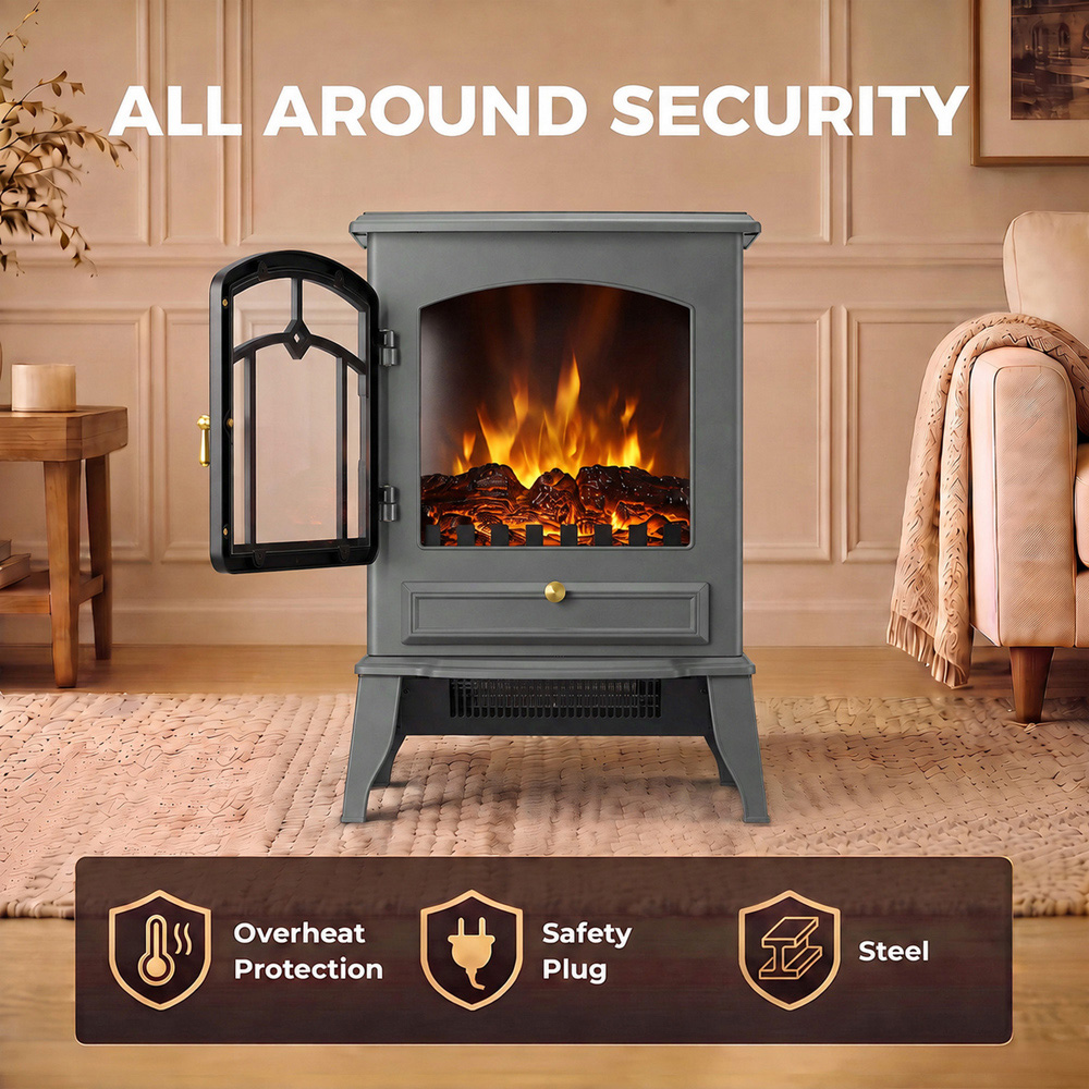 HOMCOM 3-Sided Grey Electric Fireplace Stove with Realistic Log Flame Effect Image 6
