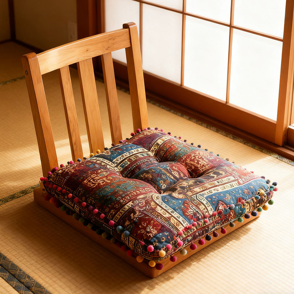 Living and Home Blue Bohemia Style Square Seat Cushion with Pom Pom Trim 40 x 40cm Image 7