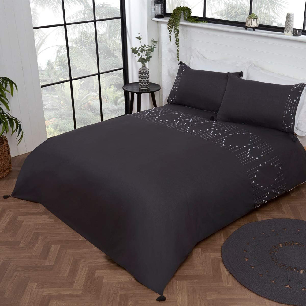 Smart Living King Size Boho Embroidered Tassels Charcoal Duvet Cover Set Image 1