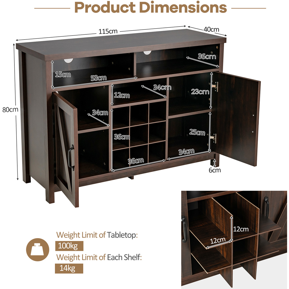 Costway 2 Door 2 Shelf Dark Brown Buffet Storage Cabinet with Detachable Wine Rack Image 9