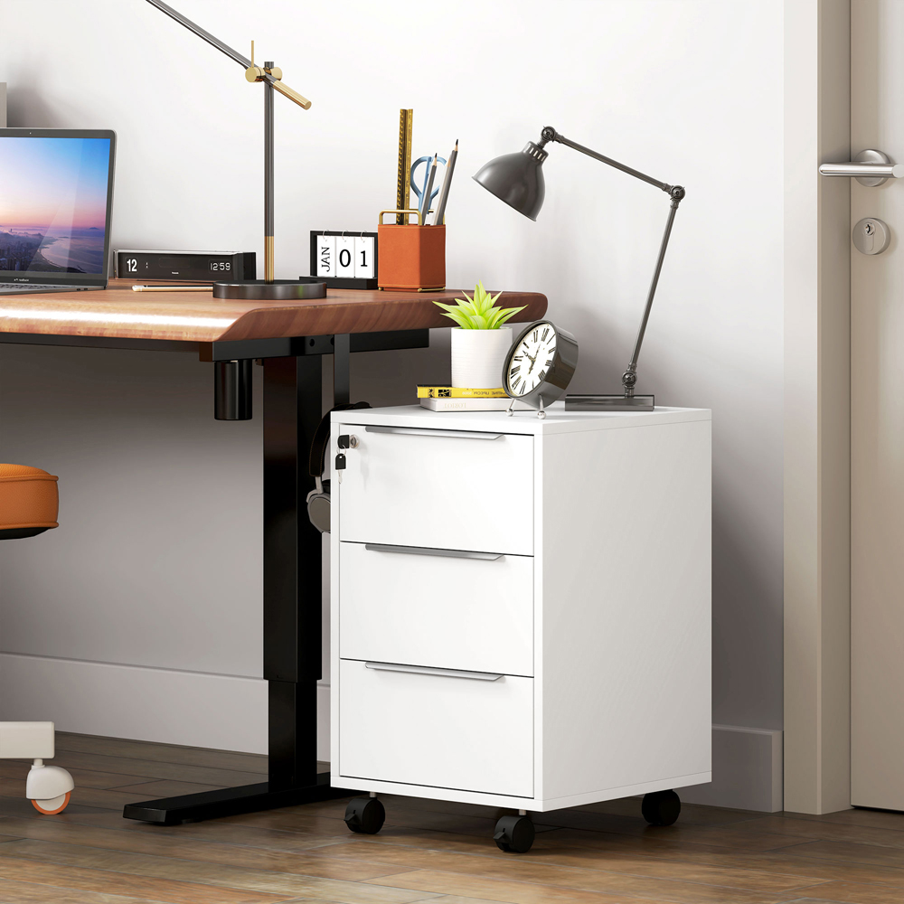 HOMCOM 3 Drawer White Lockable Mobile Filing Cabinet Image 3