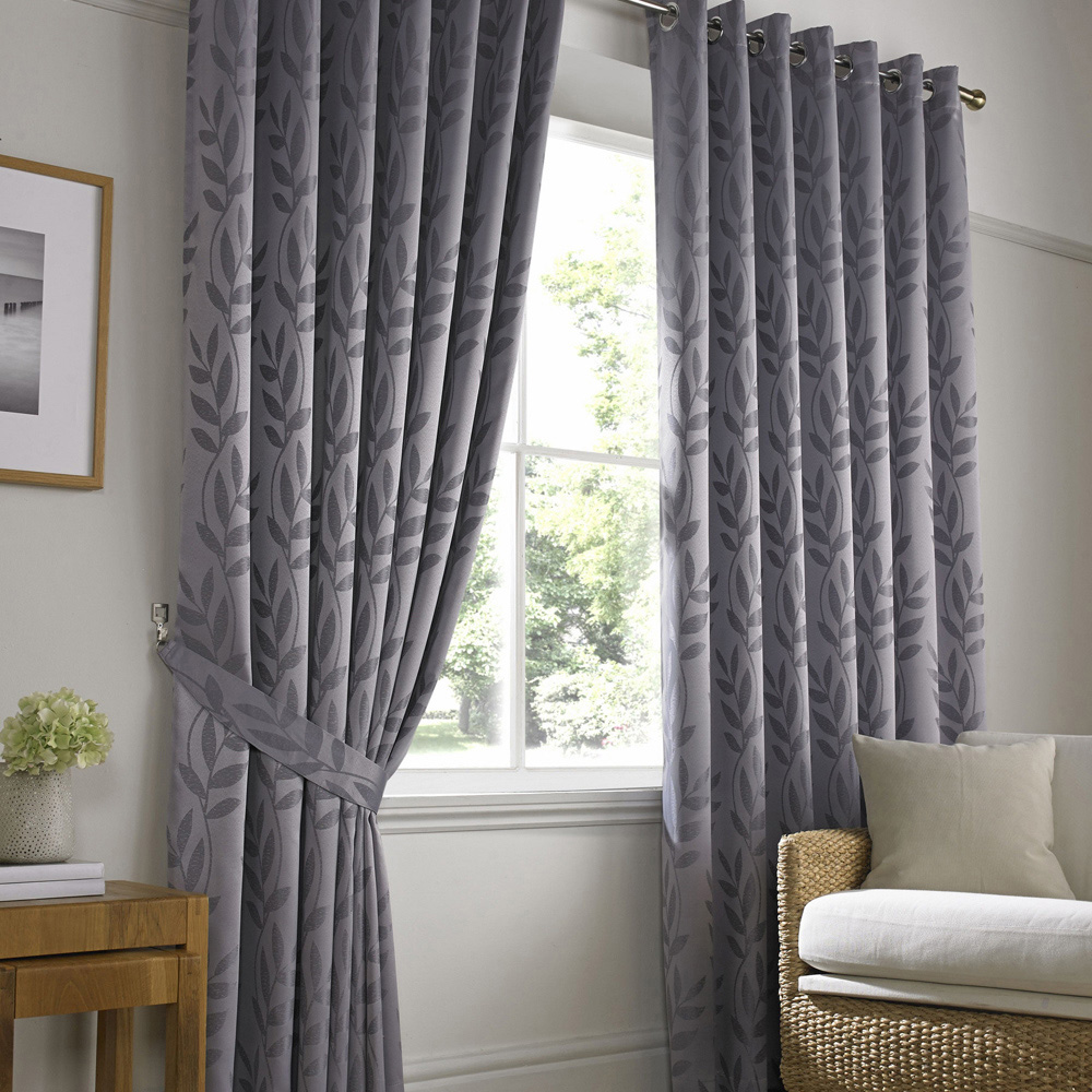 Alan Symonds Dupion Green Leaf Jacquard Ring Top Eyelet Curtains 168 x 229cm Image 1