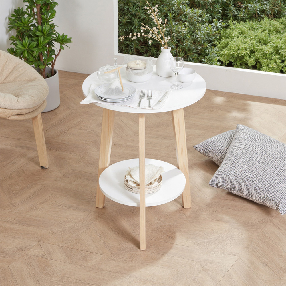 Living and Home 2-Tier White Round Wooden Coffee Side Table Image 7