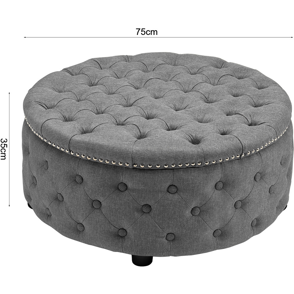 Living and Home Light Grey Linen Round Buttoned Ottoman with Studded Edge Image 8