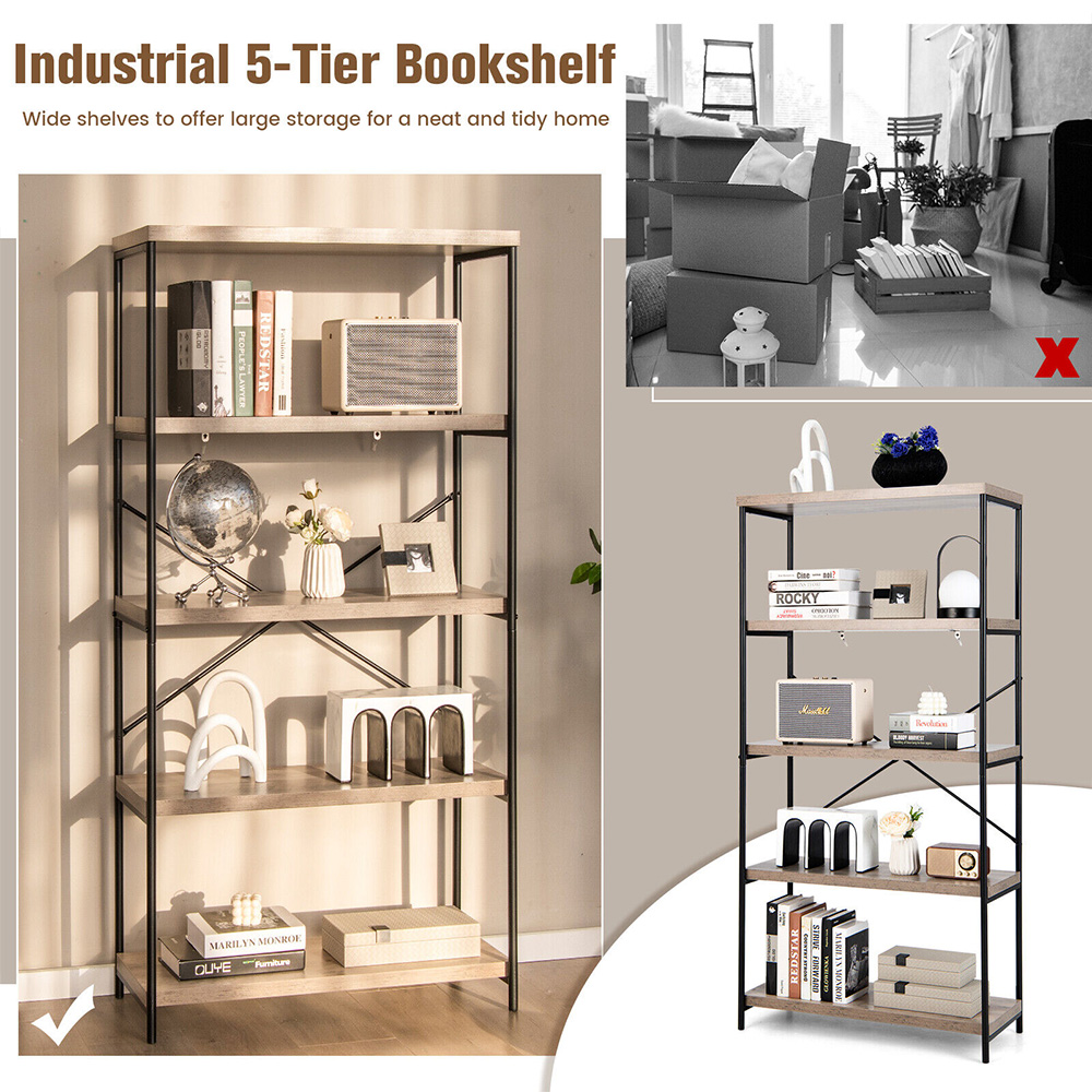 Costway 4 Shelf Grey Wooden Bookshelf Image 8