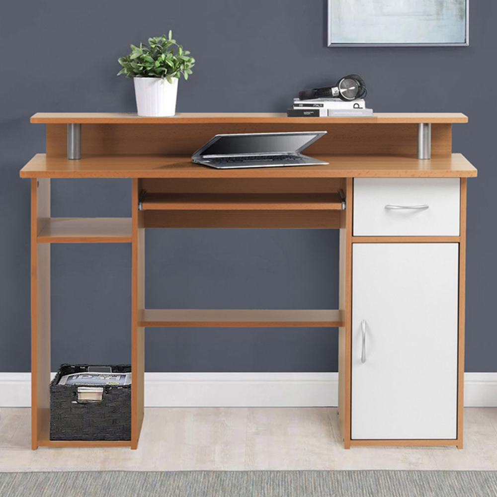 Alphason Albany Single Door Single Drawer Office Desk Beech and White Image 1