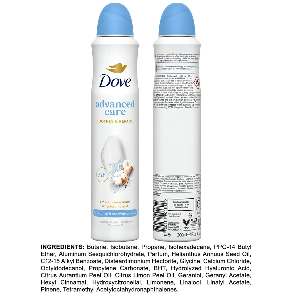 Dove Advanced Care Fresh Cotton and Sea Minerals Antiperspirant Aerosol 200ml 6 Pack Image 8