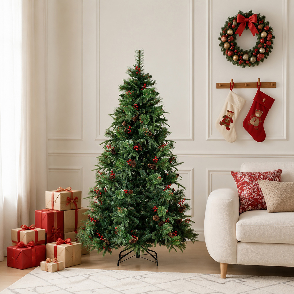 Abrihome Green Artificial Christmas Tree with Berries and Pinecones 5ft Image 2