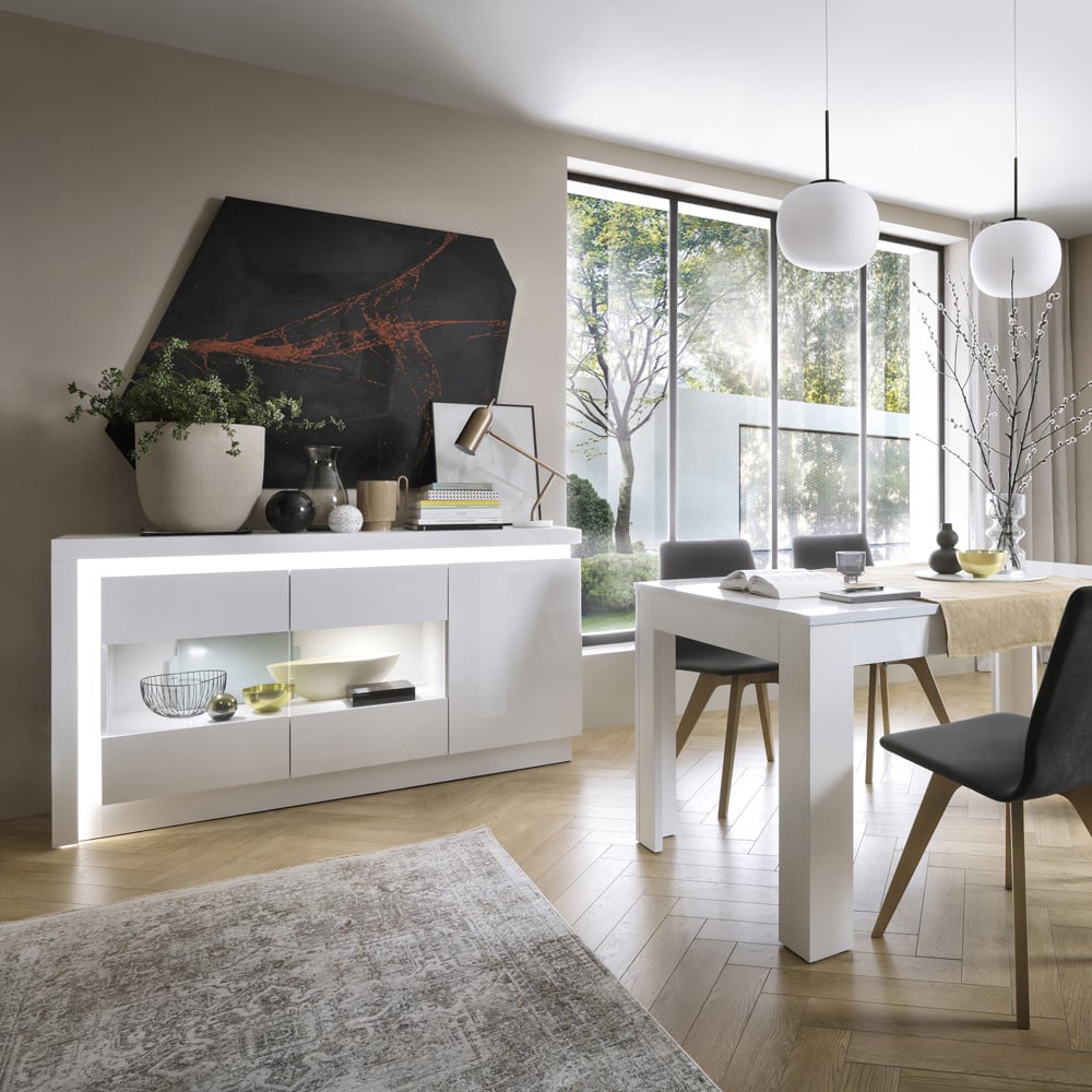Lyon 3 Door White High Gloss Glazed LED Sideboard Image 4