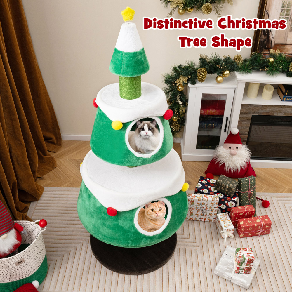 Costway Green Double Condo Christmas Tree Shaped Indoor Cat Scratching Post Image 6