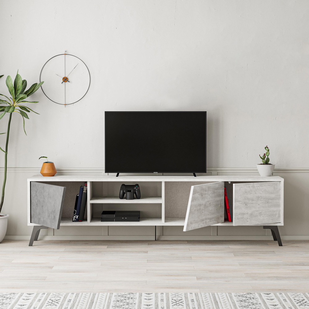 Decortie Fiona 3 Door 2 Shelf Retro Grey Ancient White TV Unit Media Centre Storage Cabinet Image 5
