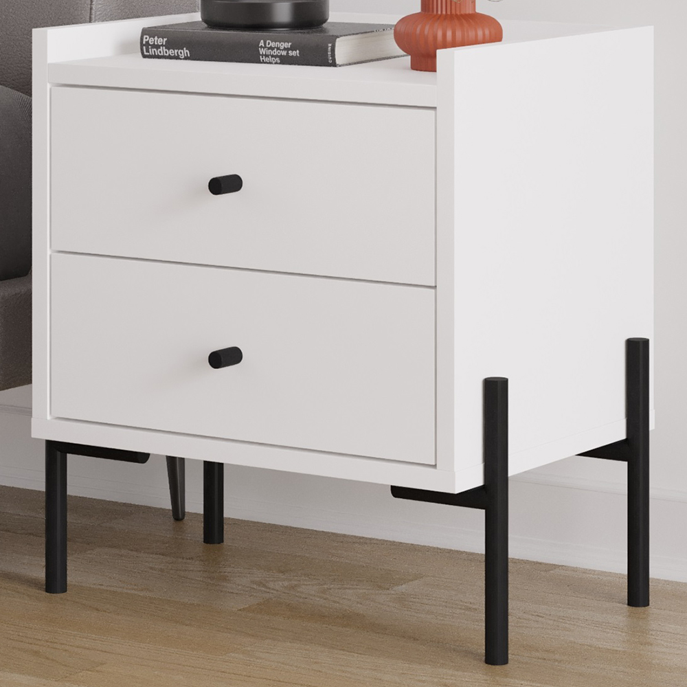 Decortie Malta 2 Drawer White and Black Metal Leg Bedside Table Image 1