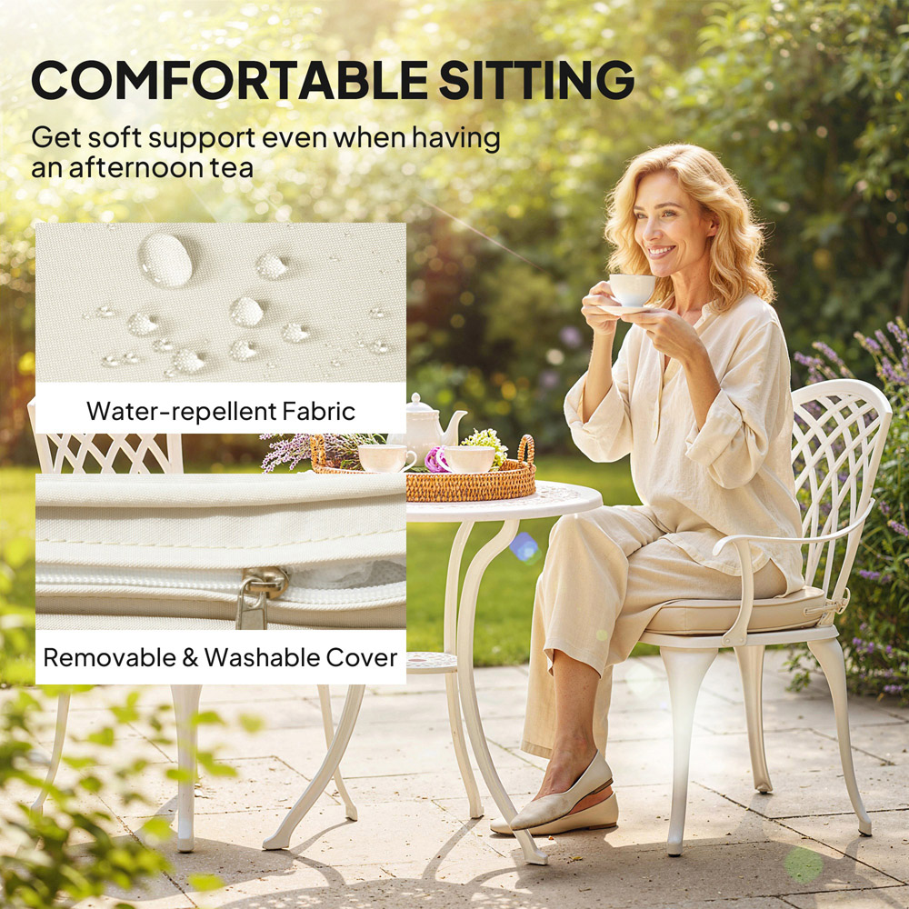 Outsunny 2 Seater White Aluminium Garden Bistro Set with Parasol Hole and Cushions Image 6