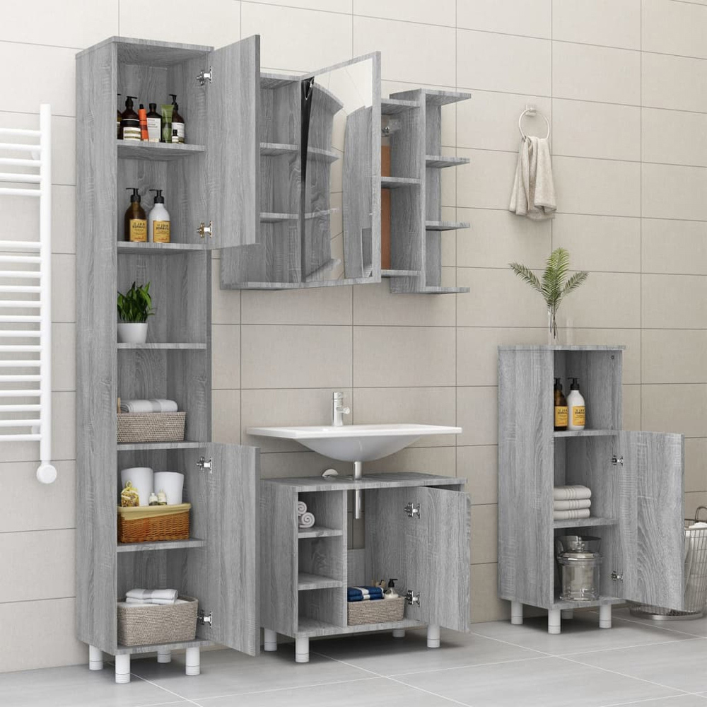 vidaXL Single Door 6 Shelf Grey Sonoma Wall Mounted Mirrored Bathroom Cabinet Image 7