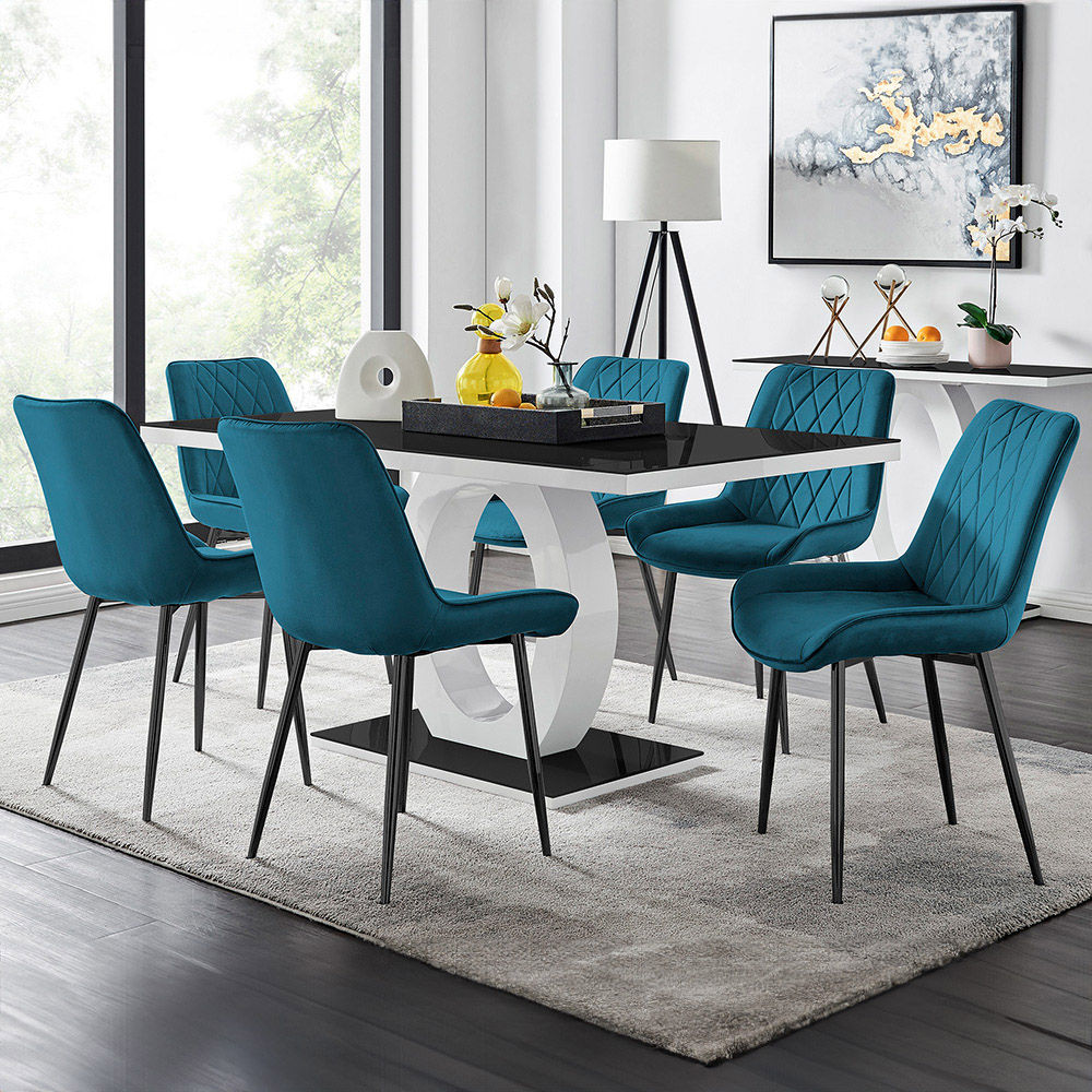 Furniturebox Lucia Cesano 6 Seater Dining Set Black Gloss and Blue Image 1
