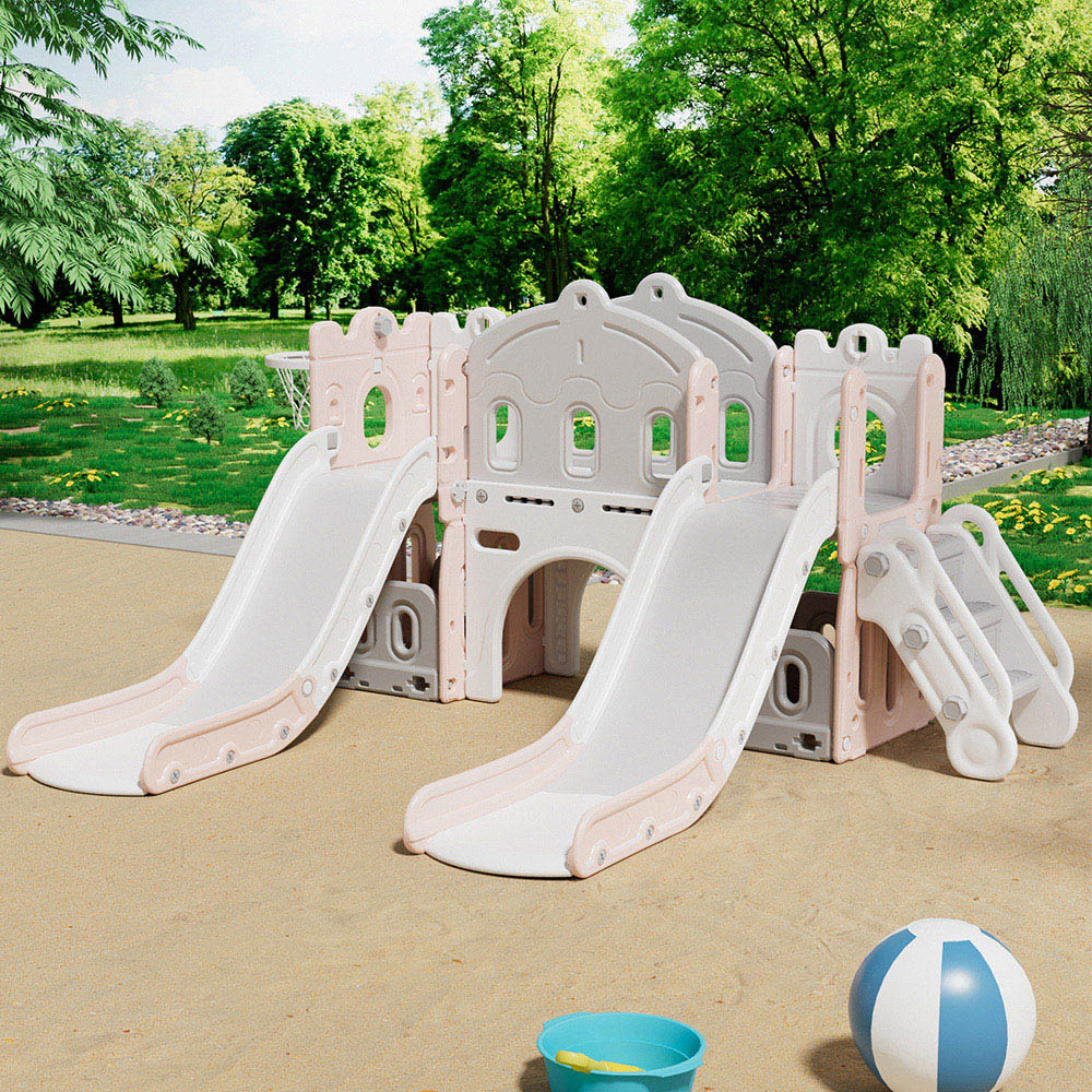 Living and Home Toddlers Pink and White Playset with 2 Slide and Basketball Hoop Image 8