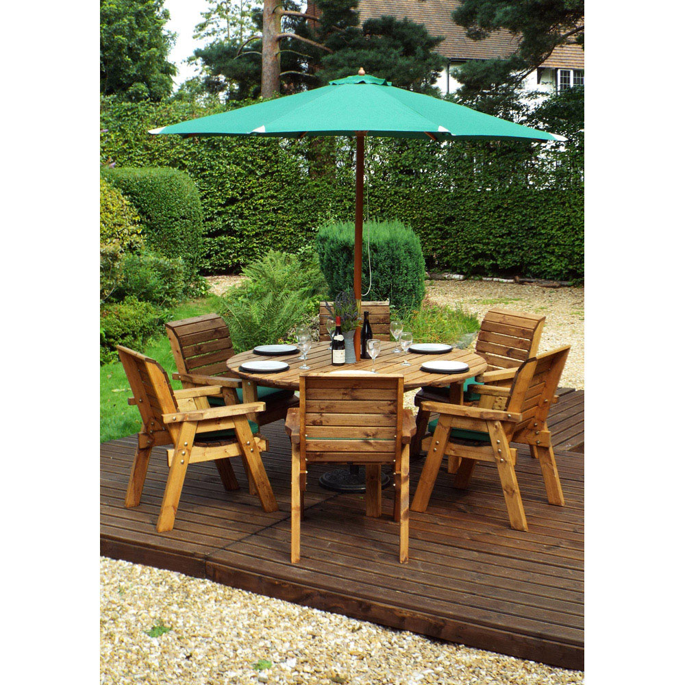 Charles Taylor Solid Wood 6 Seater Round Outdoor Dining Set with Green Cushions Image 6