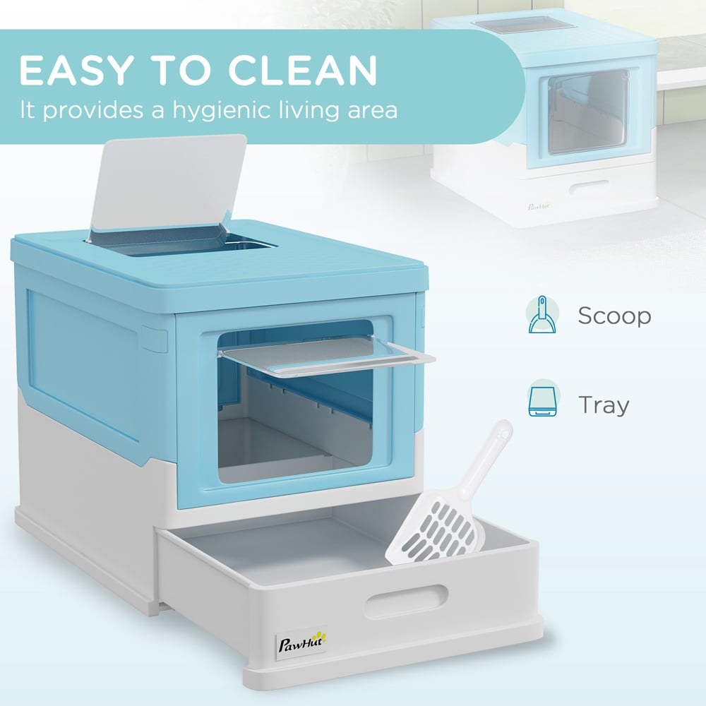 PawHut Light Blue Hooded Cat Litter Box with Scoop and Tray Image 8