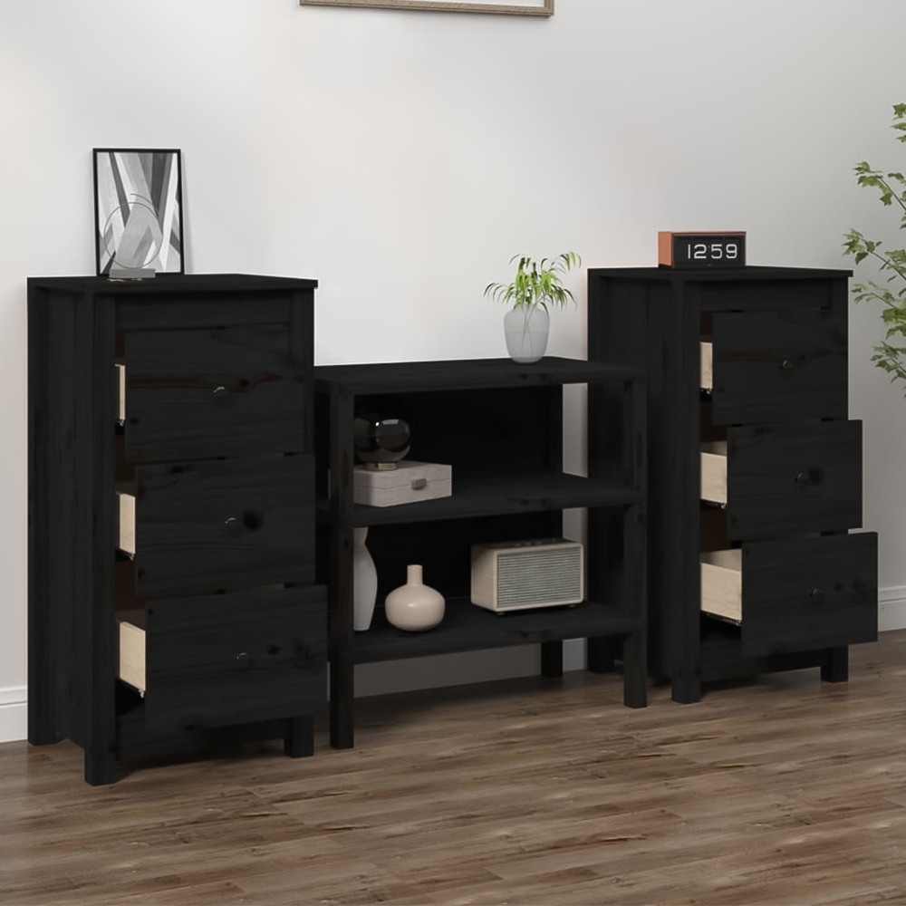 vidaXL 3 Drawer Black Wooden Sideboard Set of 2 Image 1