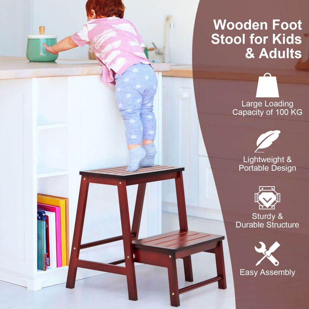 Costway 2 Step Red Bamboo Footstool Ladder Image 5