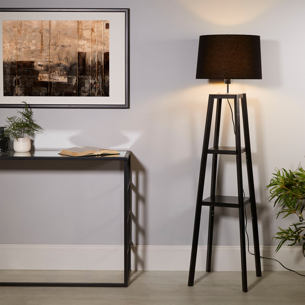 Lighting Collection Harvey 2 Shelf Black Fabric Drum Shade Wood Shelf Floor Lamp Image 2